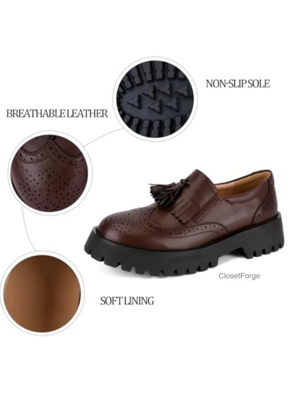Women's Tassel Platform Loafers Slip On Chunky Heel Work Shoes Round Toe